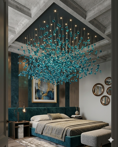 1M Square Custom Teal Blue Stone Chandelier - Bespoke Luxury Cascade Pendant Light
