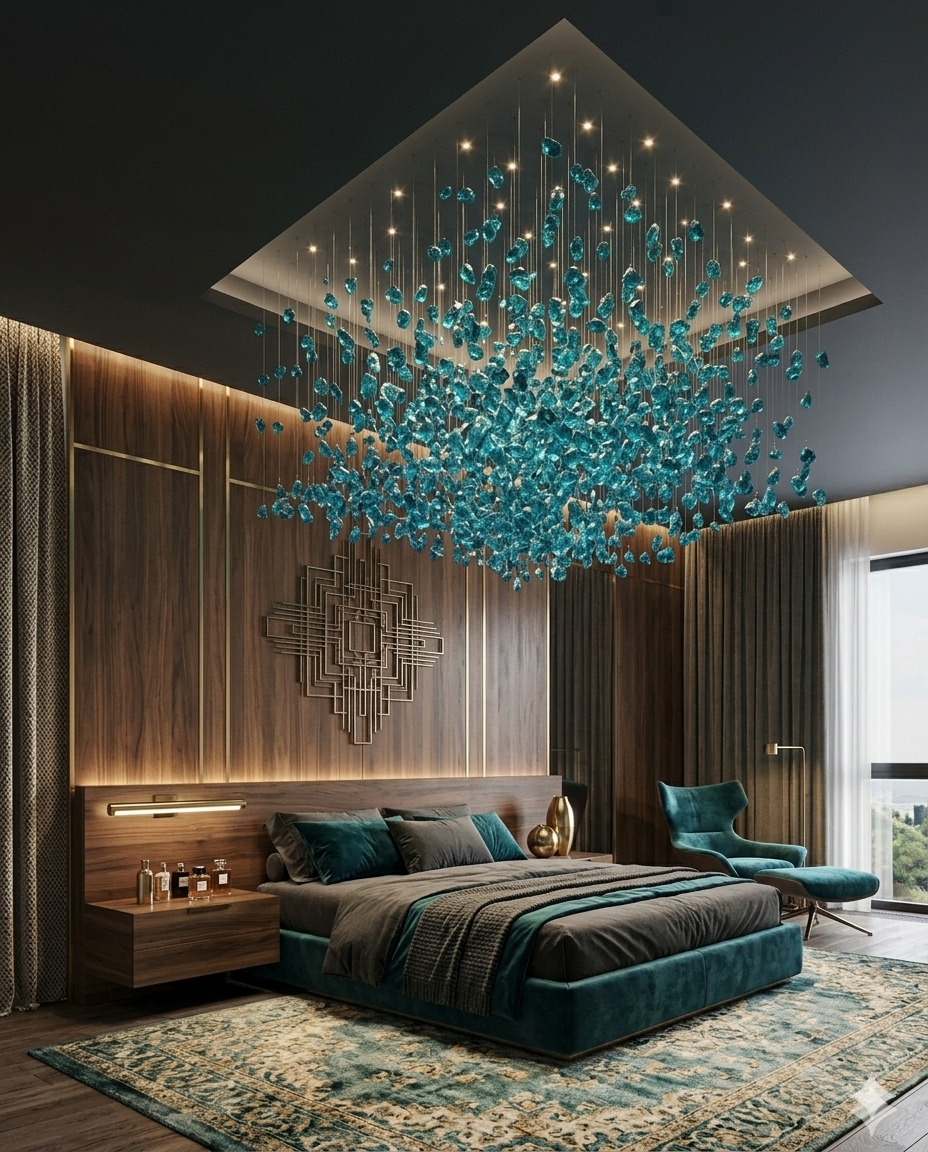 1M Square Custom Teal Blue Stone Chandelier - Bespoke Luxury Cascade Pendant Light