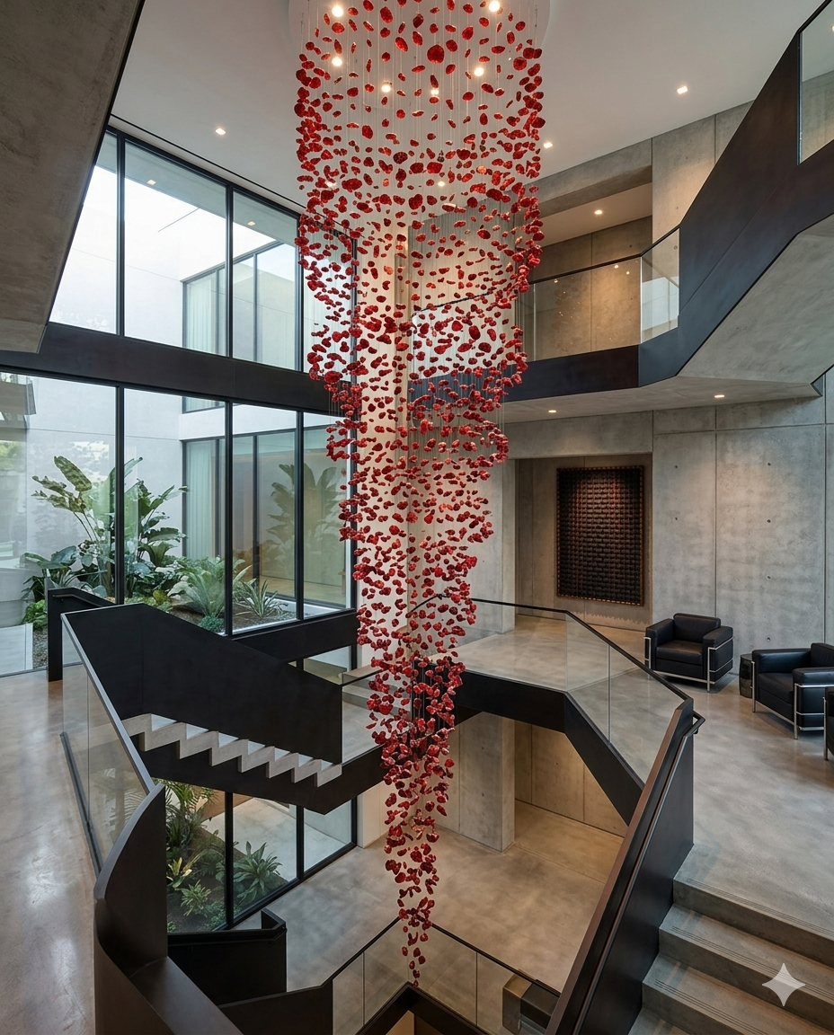Custom 5M Long Red Stone Chandelier | Luxury Staircase Statement Lighting