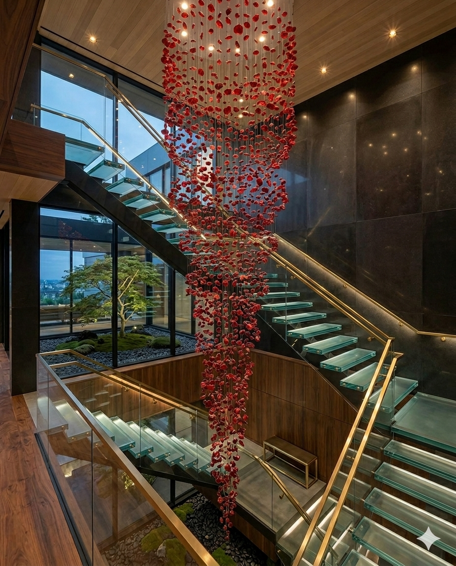 Custom 5M Long Red Stone Chandelier | Luxury Staircase Statement Lighting