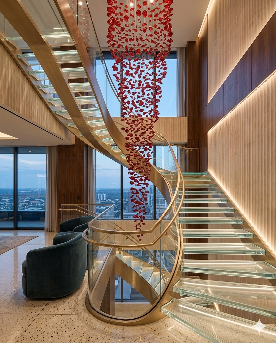 Custom 5M Long Red Stone Chandelier | Luxury Staircase Statement Lighting