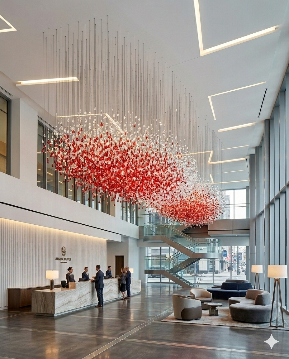 Custom 10M Luxury Stone Chandelier | Red & White Grand Pendant Light for Hotel & Commercial Halls