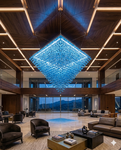 1-Meter Blue Pyramid Stone Chandelier | Luxury Square Ceiling Light Fixture
