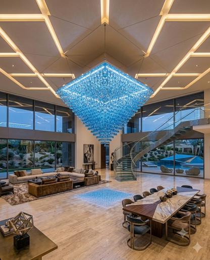 1-Meter Blue Pyramid Stone Chandelier | Luxury Square Ceiling Light Fixture