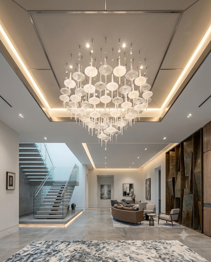 Custom Round Frosted & Clear Glass Chandelier 1M | Modern Luxury Artistic Glass Pendant Light for Living Room & Lobby