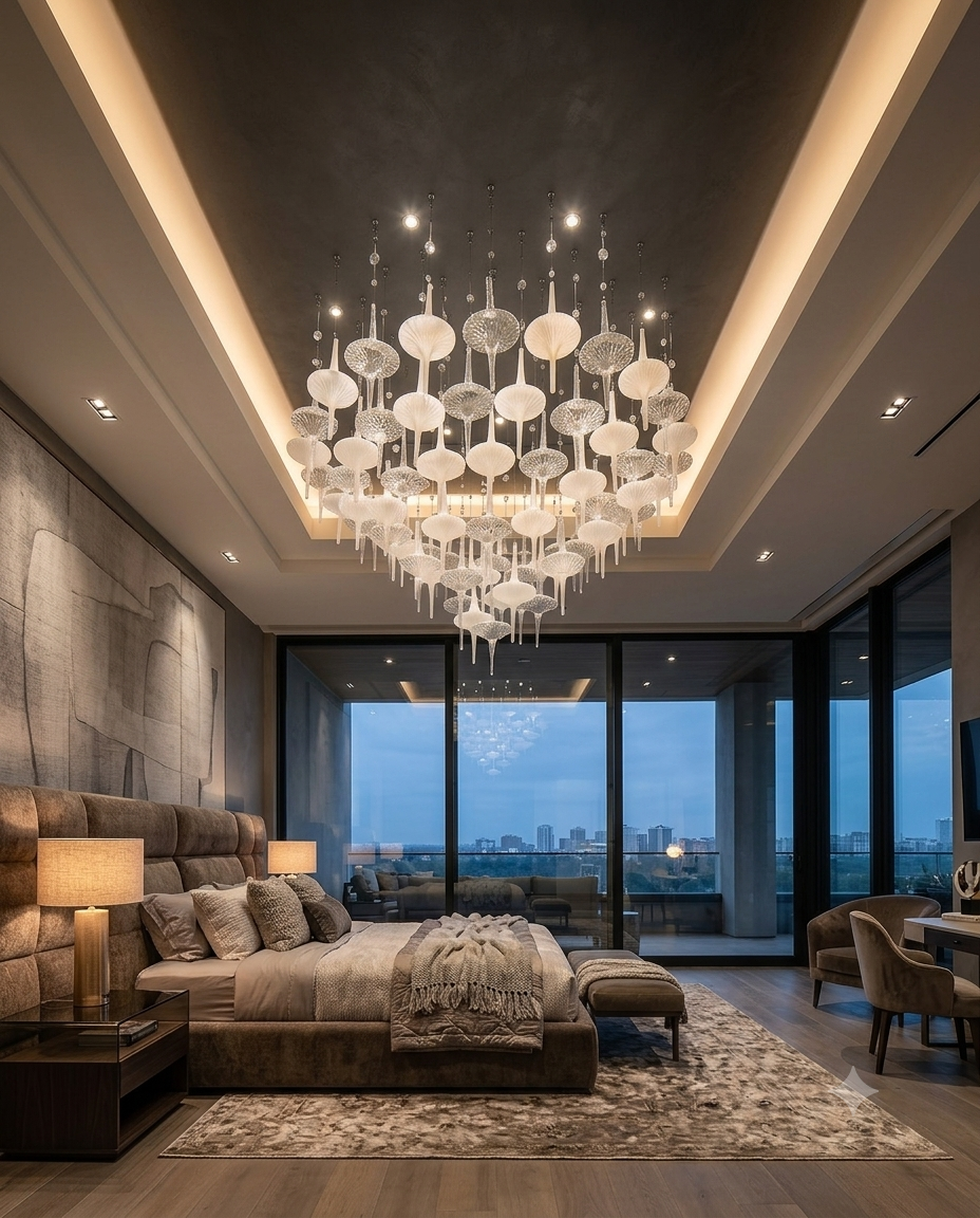 Custom Round Frosted & Clear Glass Chandelier 1M | Modern Luxury Artistic Glass Pendant Light for Living Room & Lobby
