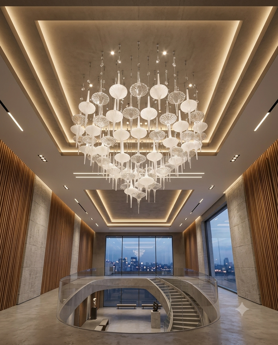 Custom Round Frosted & Clear Glass Chandelier 1M | Modern Luxury Artistic Glass Pendant Light for Living Room & Lobby