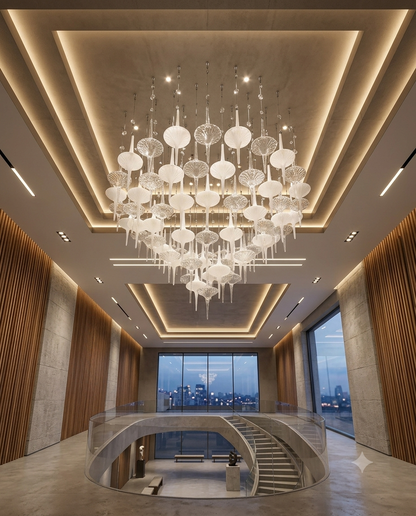 Custom Round Frosted & Clear Glass Chandelier 1M | Modern Luxury Artistic Glass Pendant Light for Living Room & Lobby