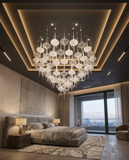 Custom Round Frosted & Clear Glass Chandelier 1M | Modern Luxury Artistic Glass Pendant Light for Living Room & Lobby