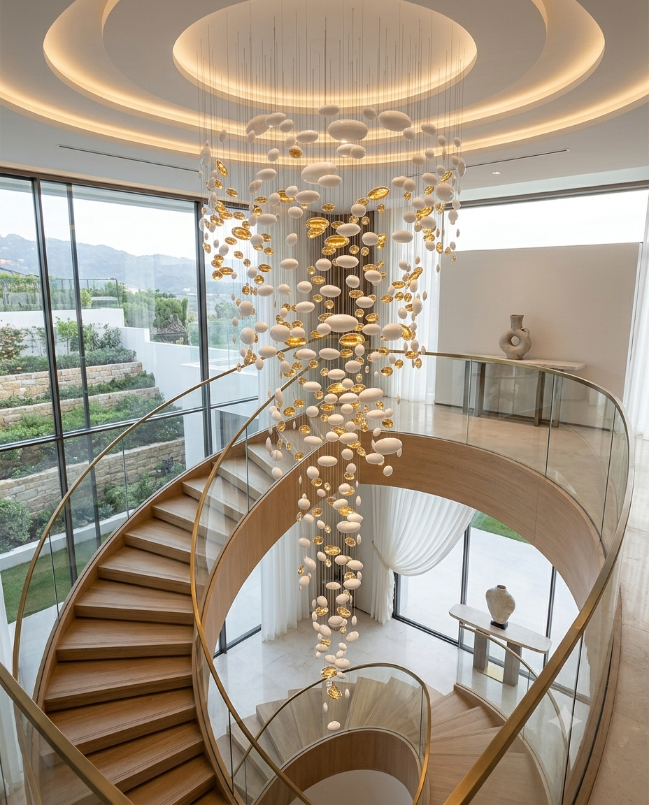 Custom Spiral Waterfall White & Gold Glass Staircase Chandelier 3M | Luxury Round Multi-Size Glass Pendant Light