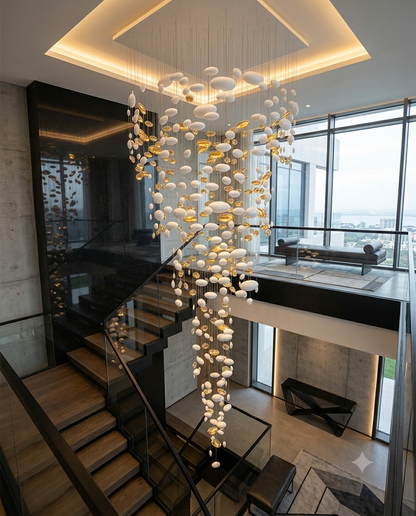 Custom Spiral Waterfall White & Gold Glass Staircase Chandelier 3M | Luxury Round Multi-Size Glass Pendant Light