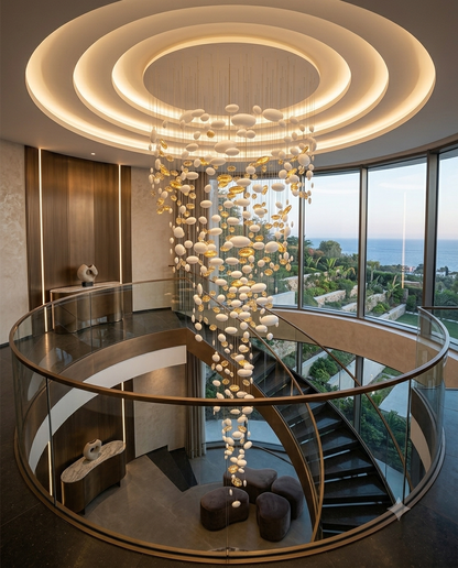 Custom Spiral Waterfall White & Gold Glass Staircase Chandelier 3M | Luxury Round Multi-Size Glass Pendant Light