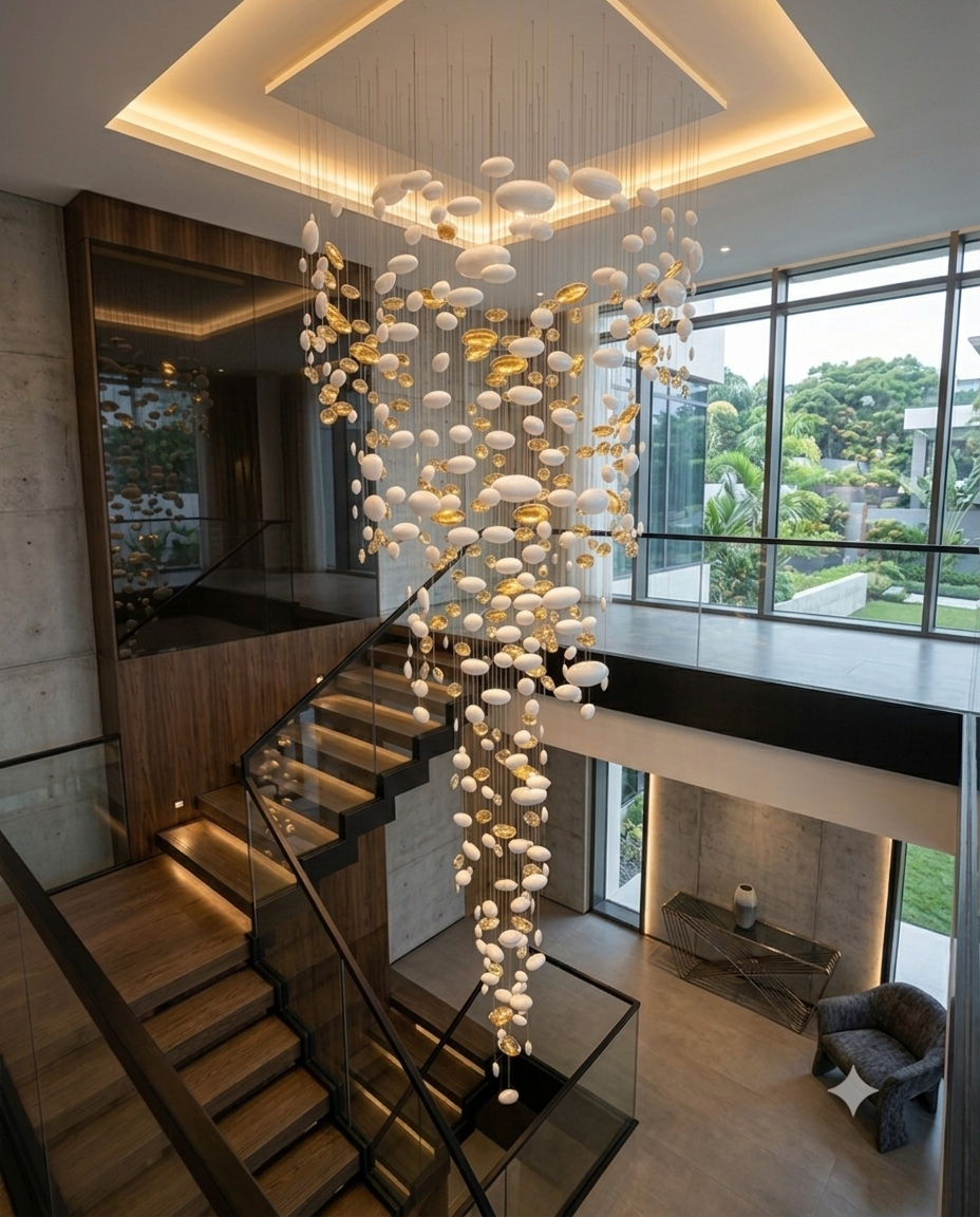 Custom Spiral Waterfall White & Gold Glass Staircase Chandelier 3M | Luxury Round Multi-Size Glass Pendant Light