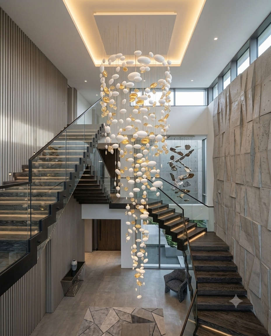 Custom Spiral Waterfall White & Gold Glass Staircase Chandelier 3M | Luxury Round Multi-Size Glass Pendant Light