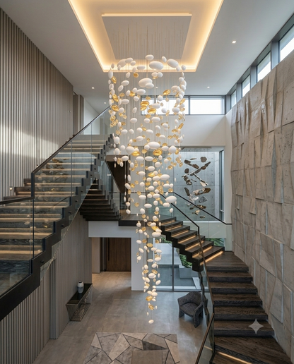 Custom Spiral Waterfall White & Gold Glass Staircase Chandelier 3M | Luxury Round Multi-Size Glass Pendant Light