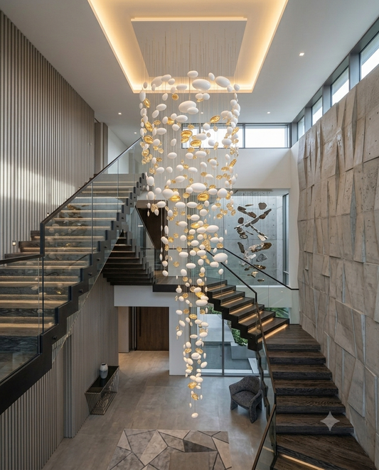 Custom Spiral Waterfall White & Gold Glass Staircase Chandelier 3M | Luxury Round Multi-Size Glass Pendant Light