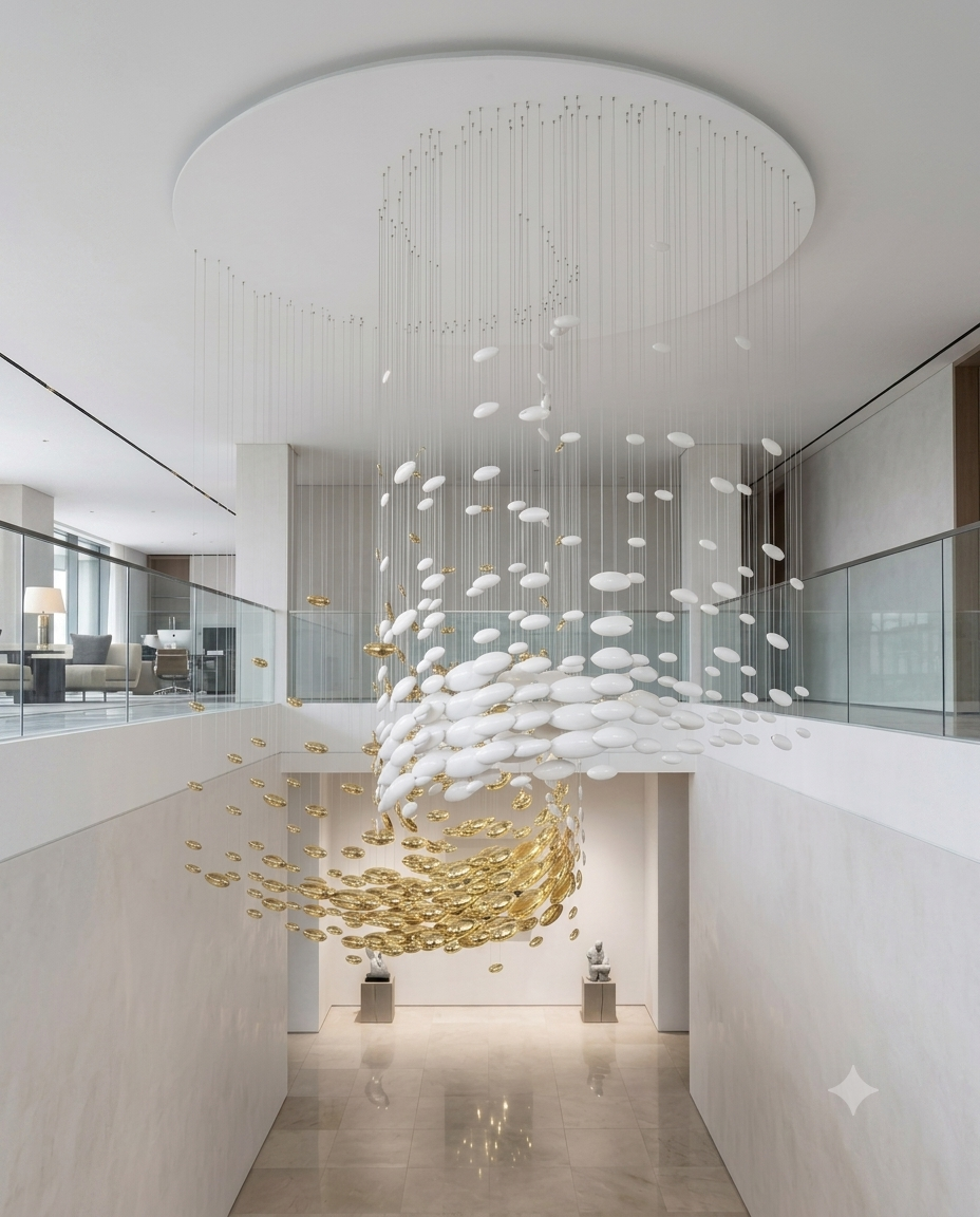 The Horizon 5M Custom White & Gold Kinetic Glass Chandelier