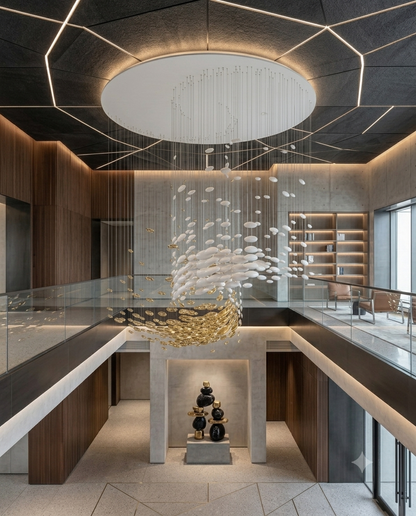 The Horizon 5M Custom White & Gold Kinetic Glass Chandelier