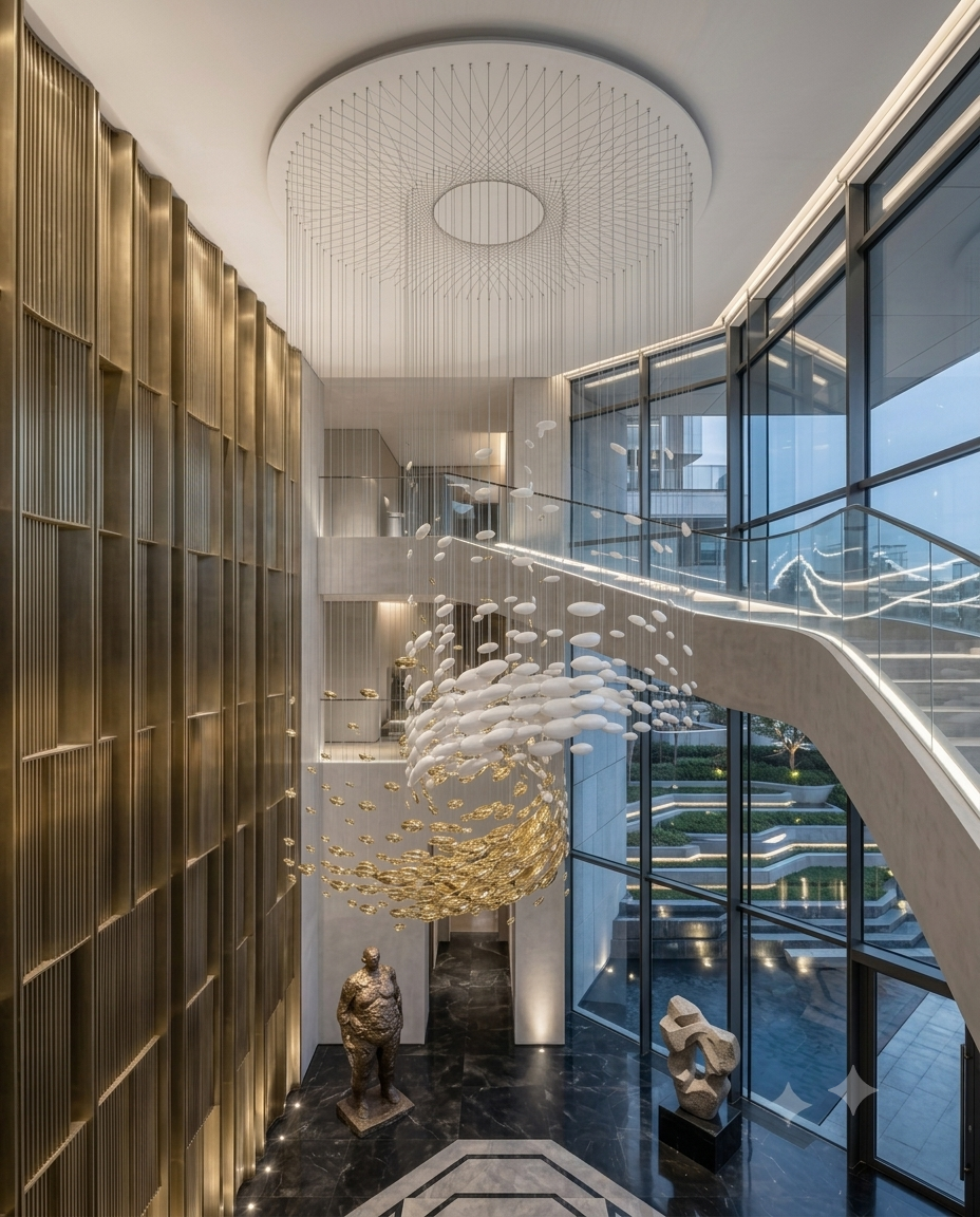 The Horizon 5M Custom White & Gold Kinetic Glass Chandelier