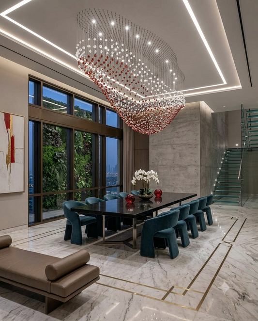 2M Luxury Custom 'Ship Shape' Crystal Chandelier – Red & White Stone Cascading Light
