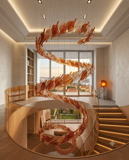 6M Luxury Spiral Glass Leaf Chandelier – Custom Amber & Clear Art Glass Pendant Light