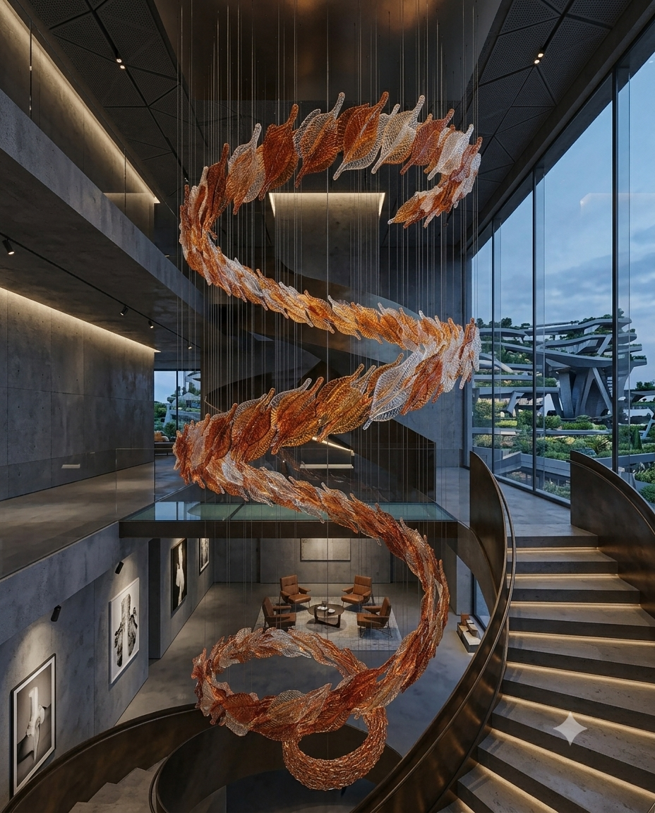 6M Luxury Spiral Glass Leaf Chandelier – Custom Amber & Clear Art Glass Pendant Light