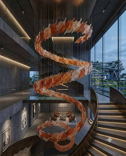 6M Luxury Spiral Glass Leaf Chandelier – Custom Amber & Clear Art Glass Pendant Light