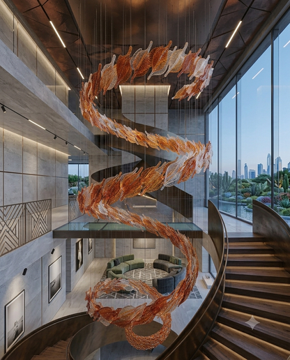6M Luxury Spiral Glass Leaf Chandelier – Custom Amber & Clear Art Glass Pendant Light