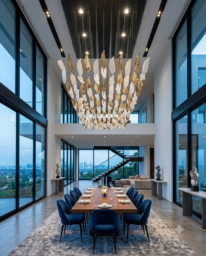 Custom Leaf Glass Chandelier | 200cm x 80cm Luxury White & Gold Ceiling Light