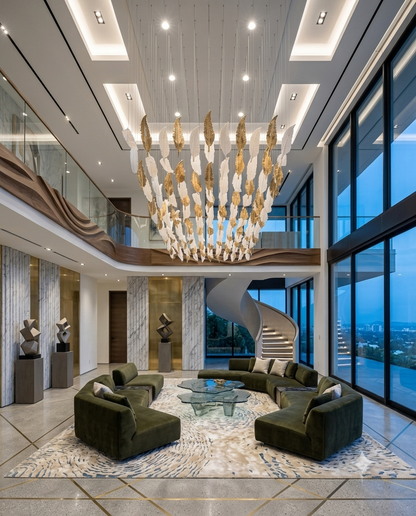 Custom Leaf Glass Chandelier | 200cm x 80cm Luxury White & Gold Ceiling Light