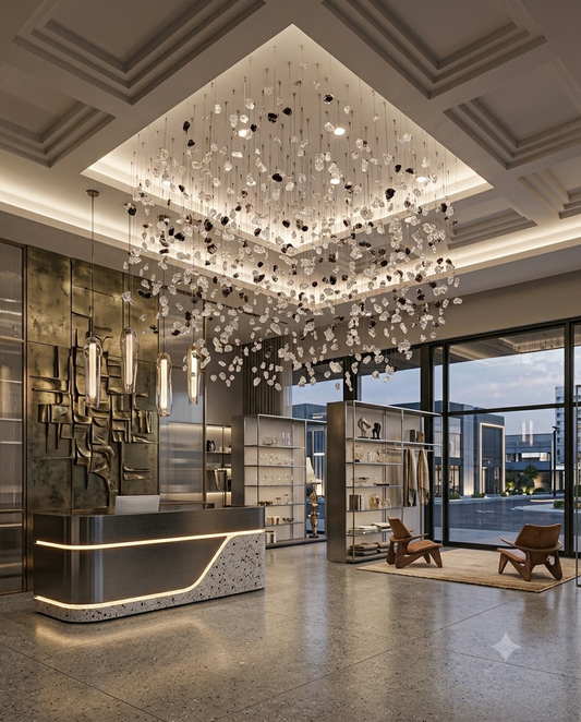 Luxury Floating Stone Canopy Chandelier - Custom Black & White Square Pendant Light (1M x 80cm)