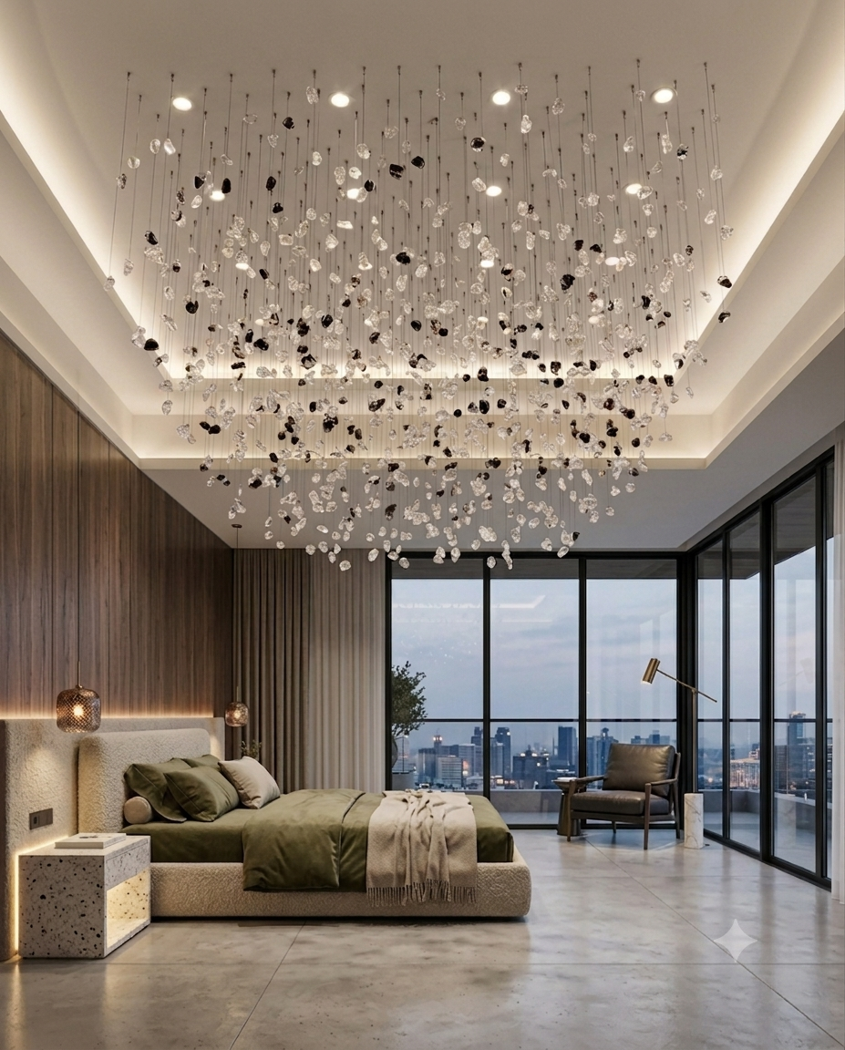 Luxury Floating Stone Canopy Chandelier - Custom Black & White Square Pendant Light (1M x 80cm)