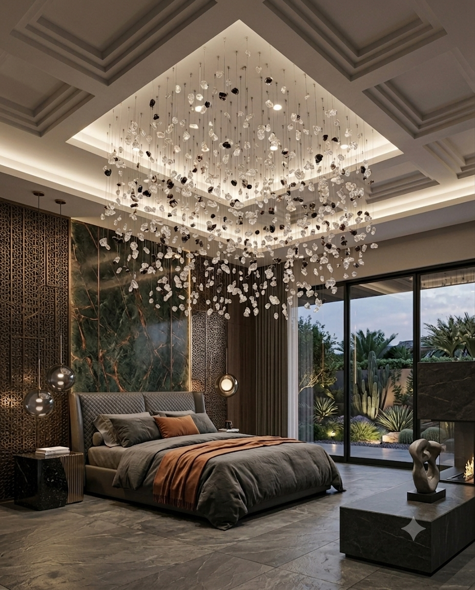 Luxury Floating Stone Canopy Chandelier - Custom Black & White Square Pendant Light (1M x 80cm)