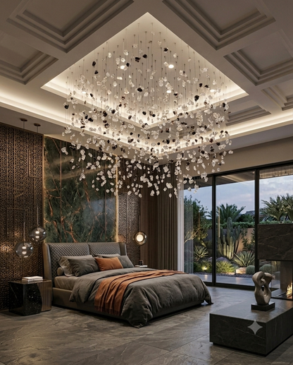 Luxury Floating Stone Canopy Chandelier - Custom Black & White Square Pendant Light (1M x 80cm)