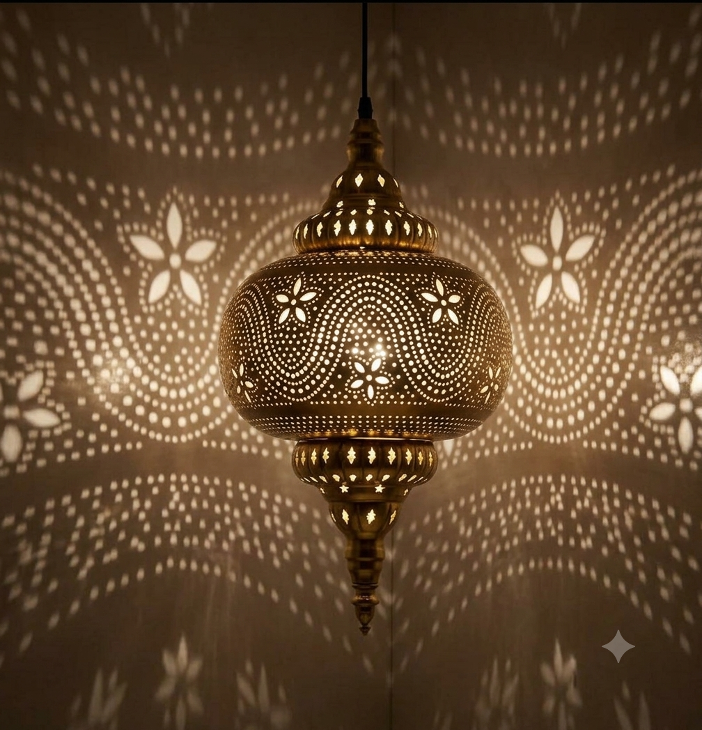 Vintage Arabic Chandelier – Turkish Moroccan Etched Ceiling Light Fixture for Living Room, Dining & Hallway