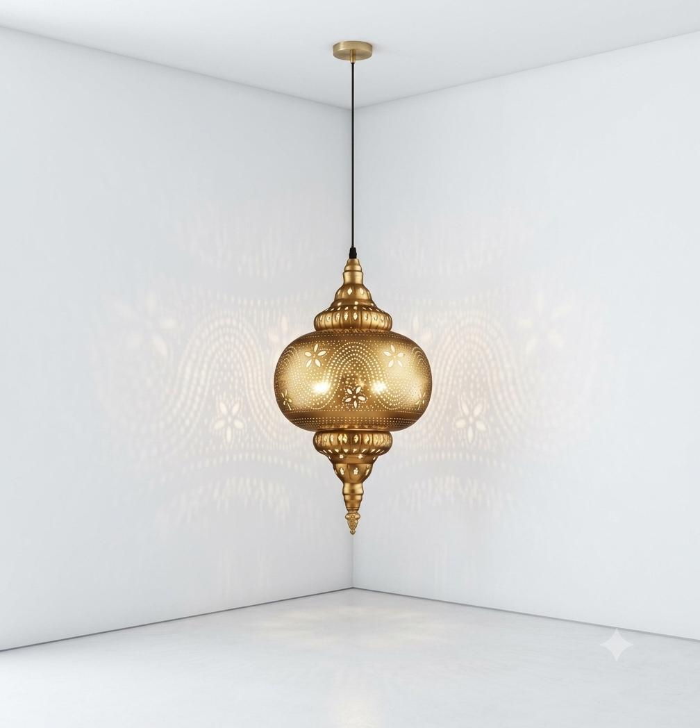 Vintage Arabic Chandelier – Turkish Moroccan Etched Ceiling Light Fixture for Living Room, Dining & Hallway