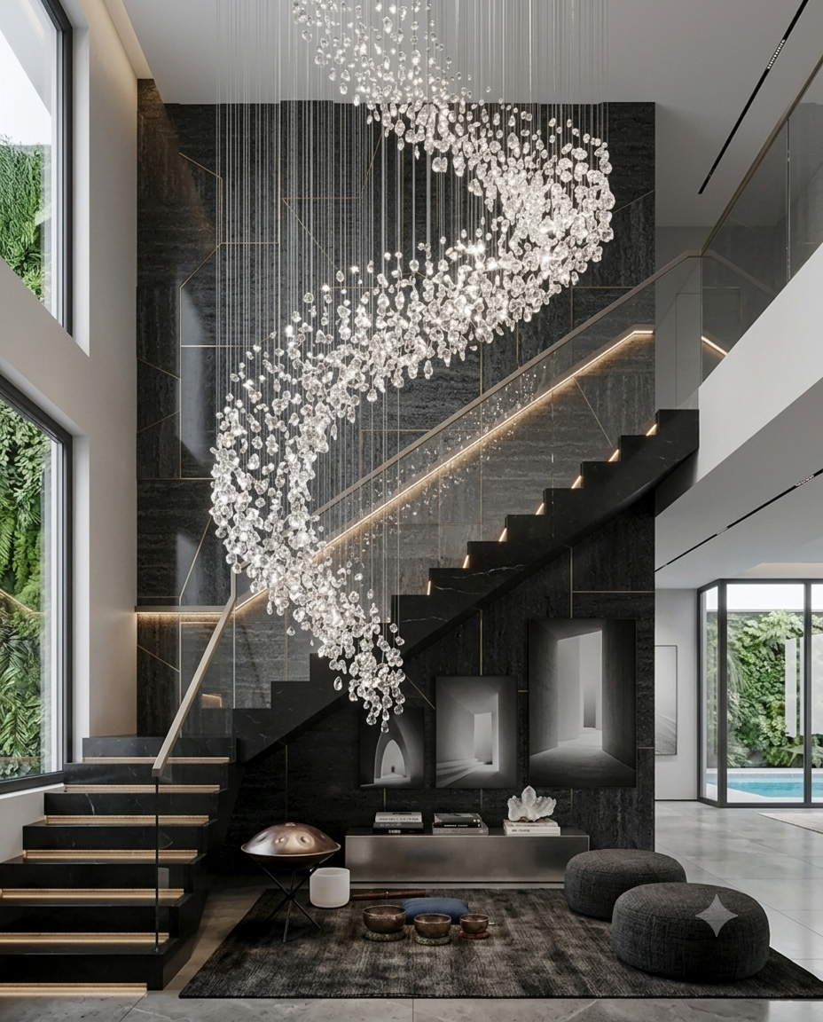 Modern Luxury Foyer Design: 5-Meter Floating Glass Spiral Staircase