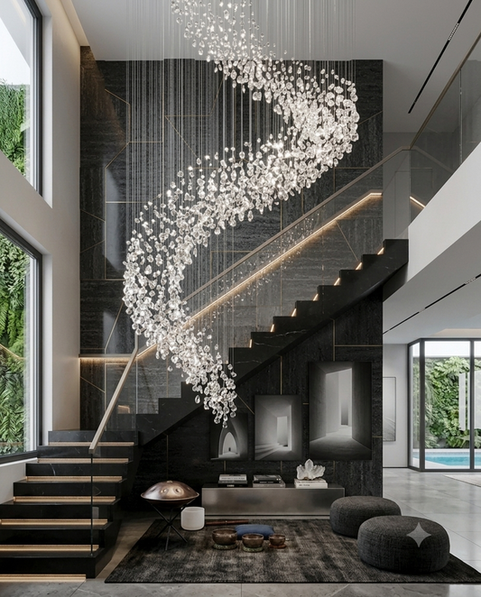 Modern Luxury Foyer Design: 5-Meter Floating Glass Spiral Staircase