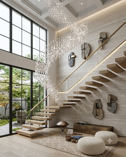 Modern Luxury Foyer Design: 5-Meter Floating Glass Spiral Staircase