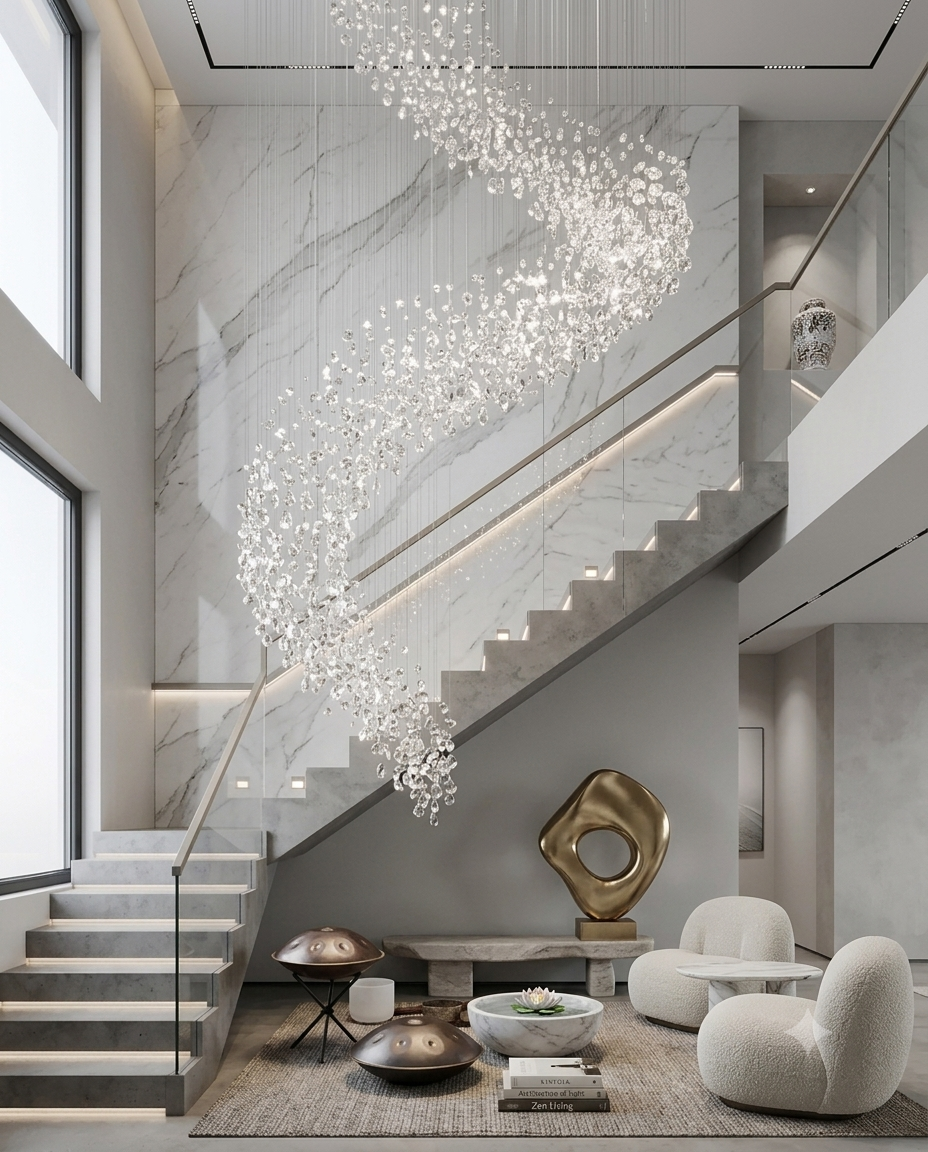Modern Luxury Foyer Design: 5-Meter Floating Glass Spiral Staircase