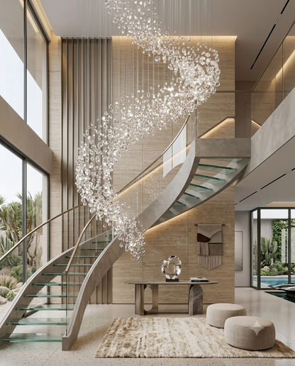 Modern Luxury Foyer Design: 5-Meter Floating Glass Spiral Staircase
