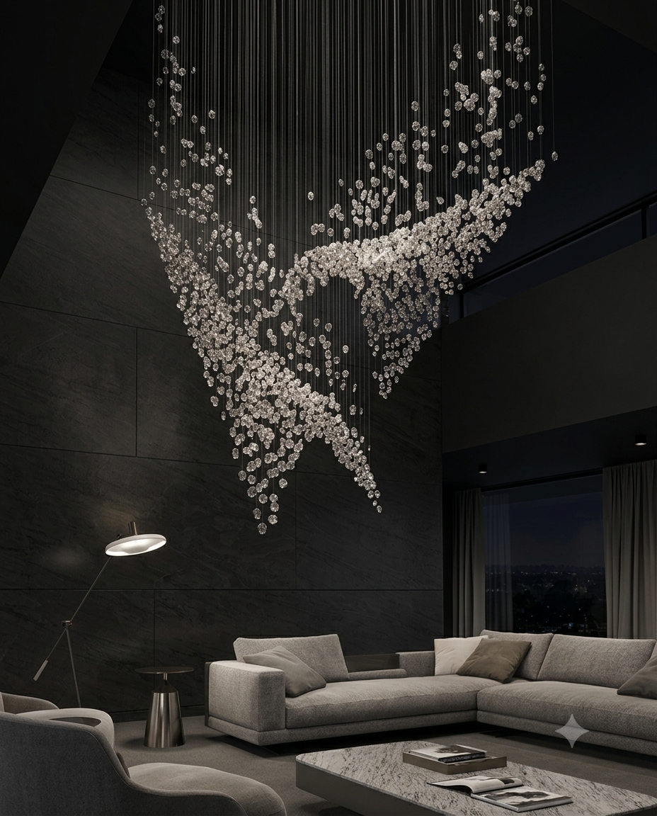 Luxury Dual Cascade Crystal Stone Chandelier | Custom 3M Double Height LED Staircase Light