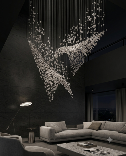 Luxury Dual Cascade Crystal Stone Chandelier | Custom 3M Double Height LED Staircase Light