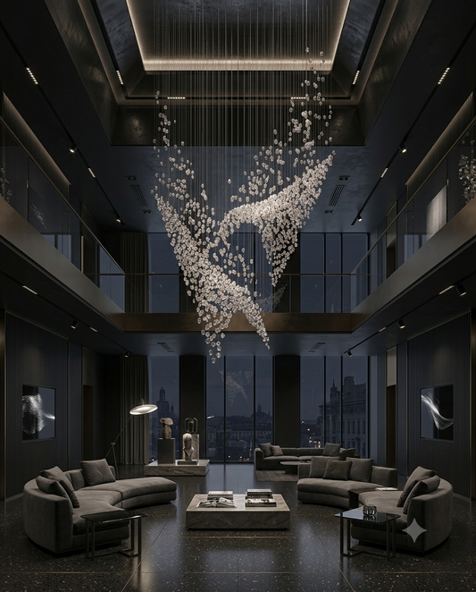 Luxury Dual Cascade Crystal Stone Chandelier | Custom 3M Double Height LED Staircase Light