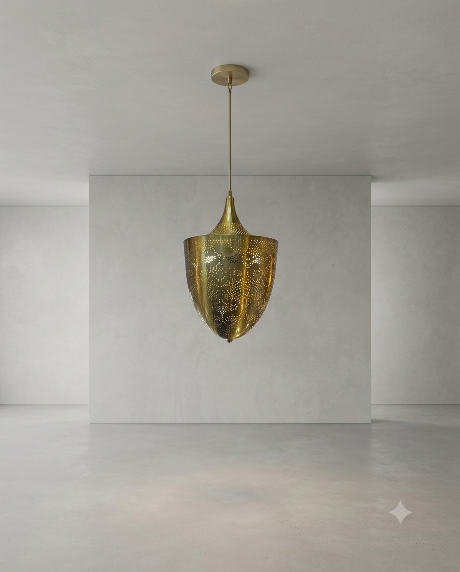 Moroccan Brass Pendant Light – Modern Filigree Hanging Lantern Lamp
