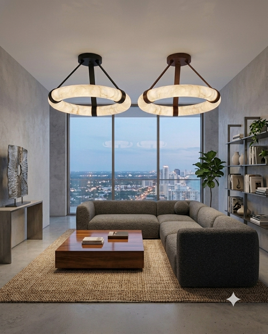 Luxury Marble Ring Chandelier with Leather Straps – Modern LED Round Pendant Light for Living Room & Dining Room