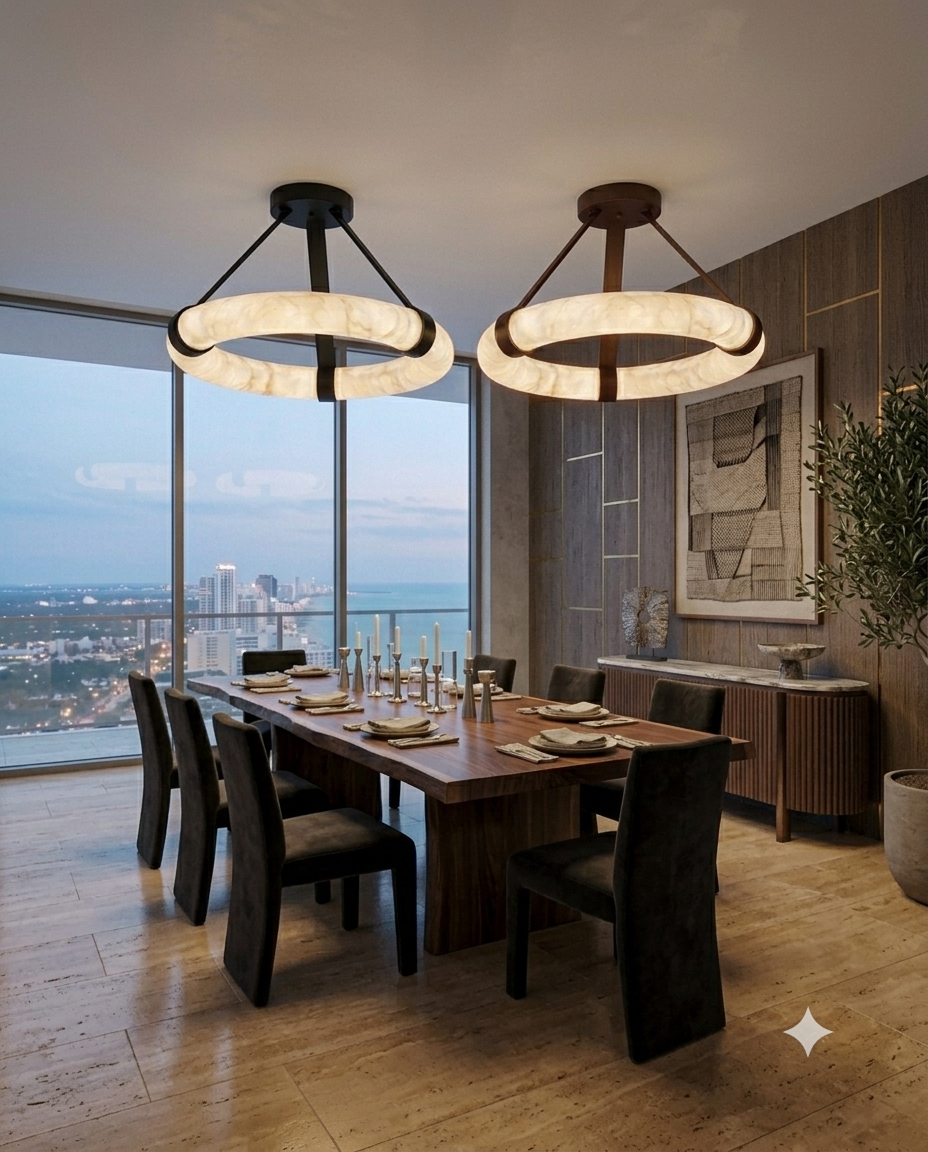 Luxury Marble Ring Chandelier with Leather Straps – Modern LED Round Pendant Light for Living Room & Dining Room
