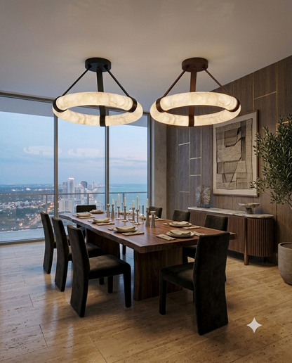 Luxury Marble Ring Chandelier with Leather Straps – Modern LED Round Pendant Light for Living Room & Dining Room