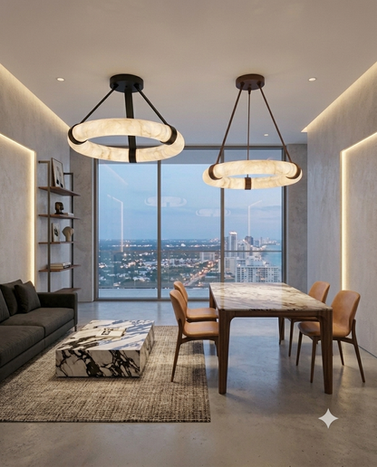 Luxury Marble Ring Chandelier with Leather Straps – Modern LED Round Pendant Light for Living Room & Dining Room