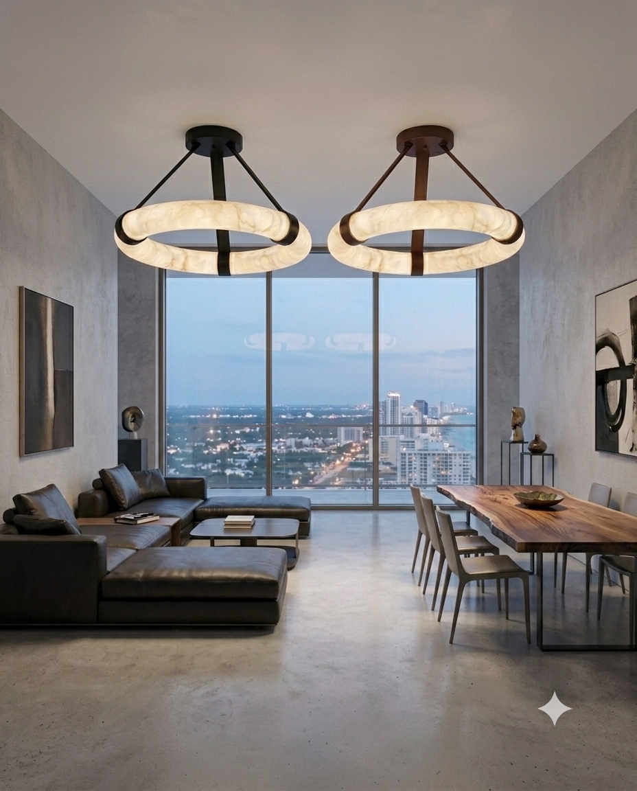Luxury Marble Ring Chandelier with Leather Straps – Modern LED Round Pendant Light for Living Room & Dining Room